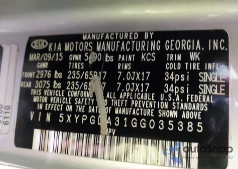 2016 Kia Sorento 2.4L Lx z USA, uszkodzony, nr VIN 5XYPGDA31GG035385